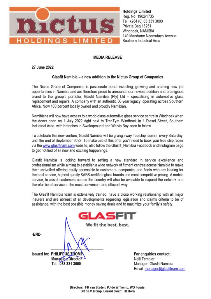 Media Release - Glasfit Namibia (Pty) Ltd